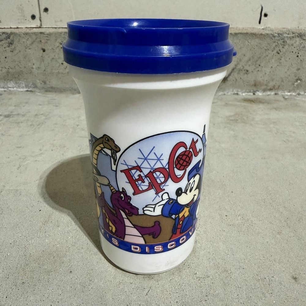 Vintage 90s Disney Epcot Travel Mug Lid Mickey Mouse Figment Souvenir Cup
